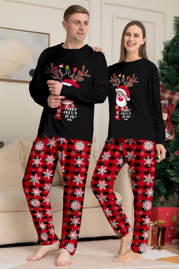 Black Red Reindeer Snowflake Print Christmas Family Matching Pajamas Set